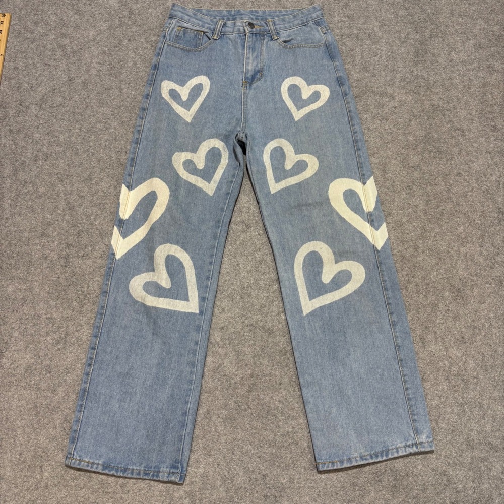 SLP Jeans Womens Small Light Wash Denim White Heart Print Straight Leg Pants